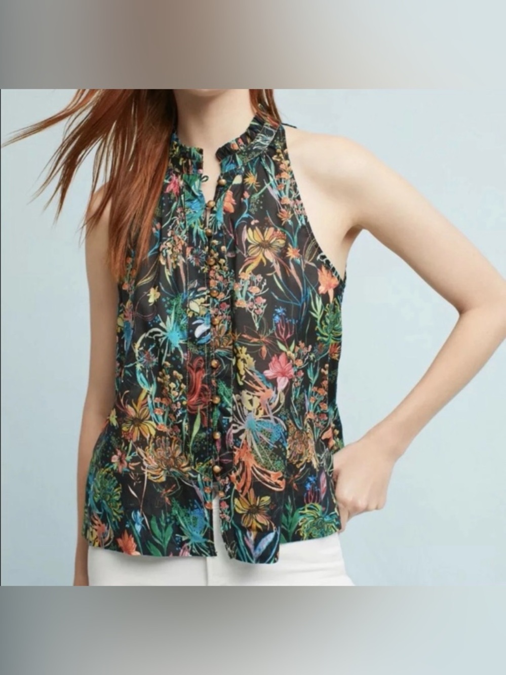 Maeve Anthropologie Floral Sleeveless Blouse XS Button Front Cotton Top